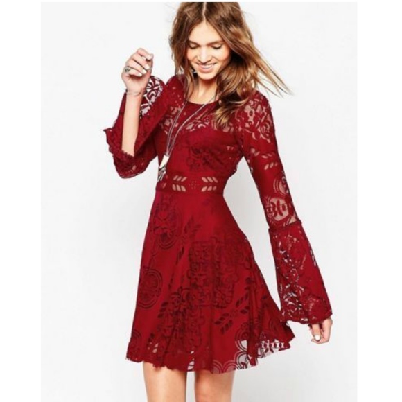 red lace dress with bell sleeves